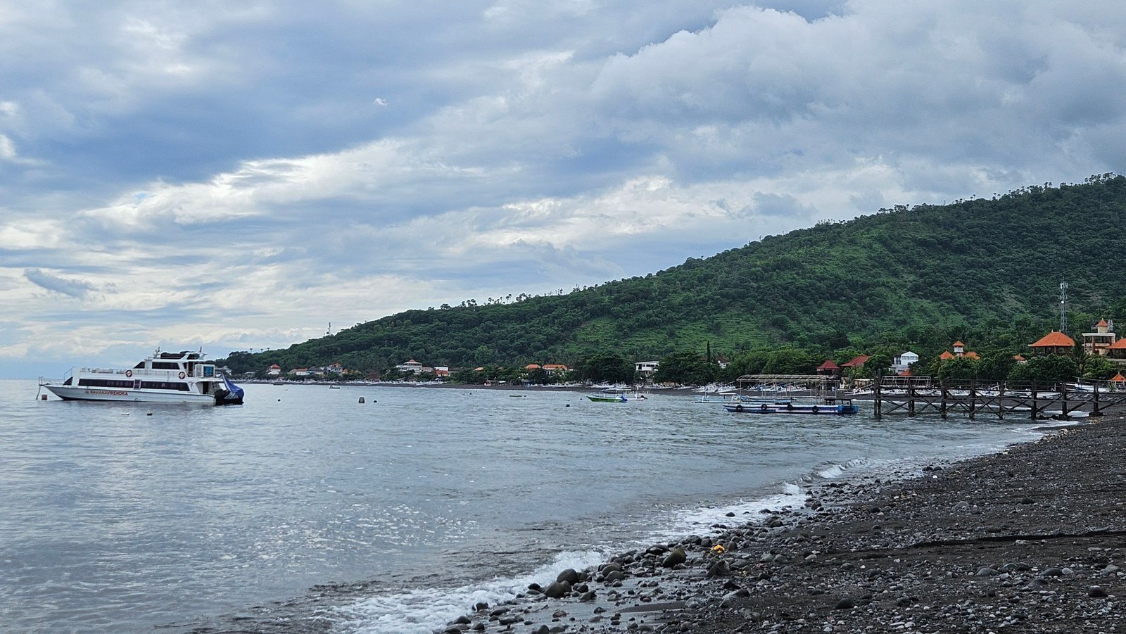 Amed Harbour traditional fishing boats and coastline in East Bali